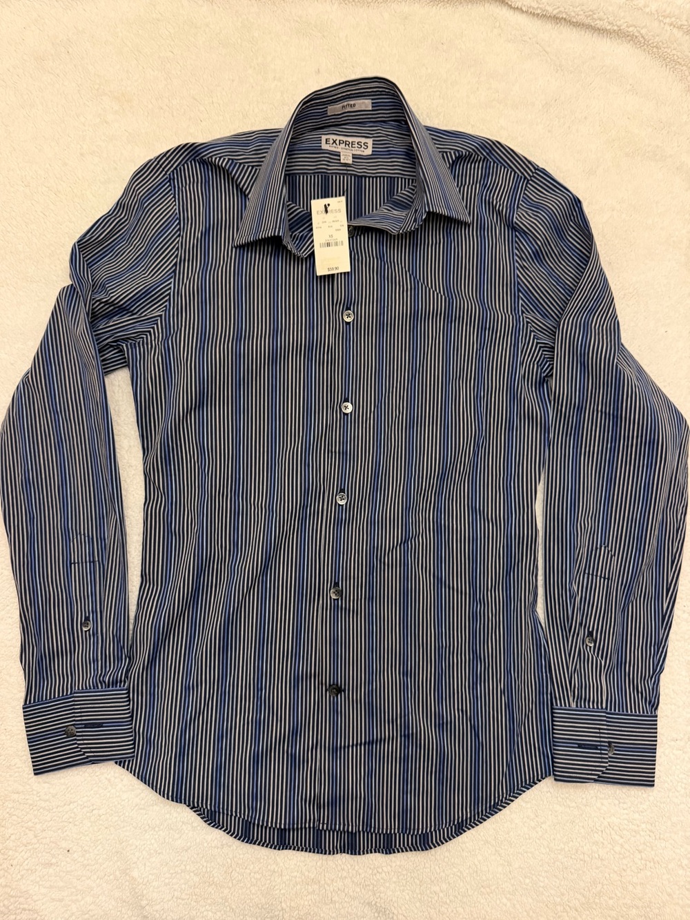 Express Slim Fit Navy & White Pinstripe Dress Shirt